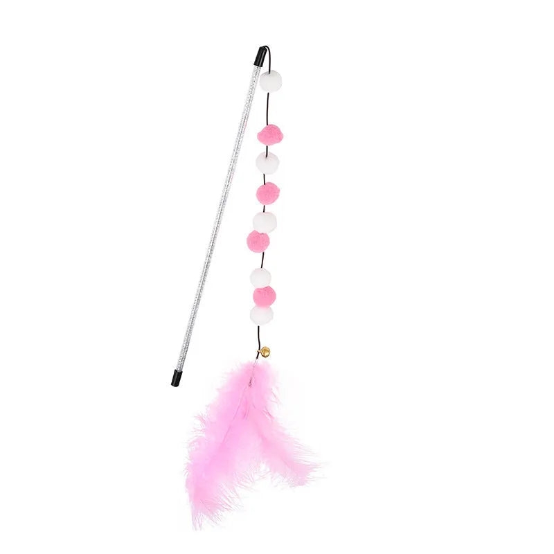 Grey, yellow, and blue cat teaser toy rod with feather, pompon, and bell measuring 31cm.