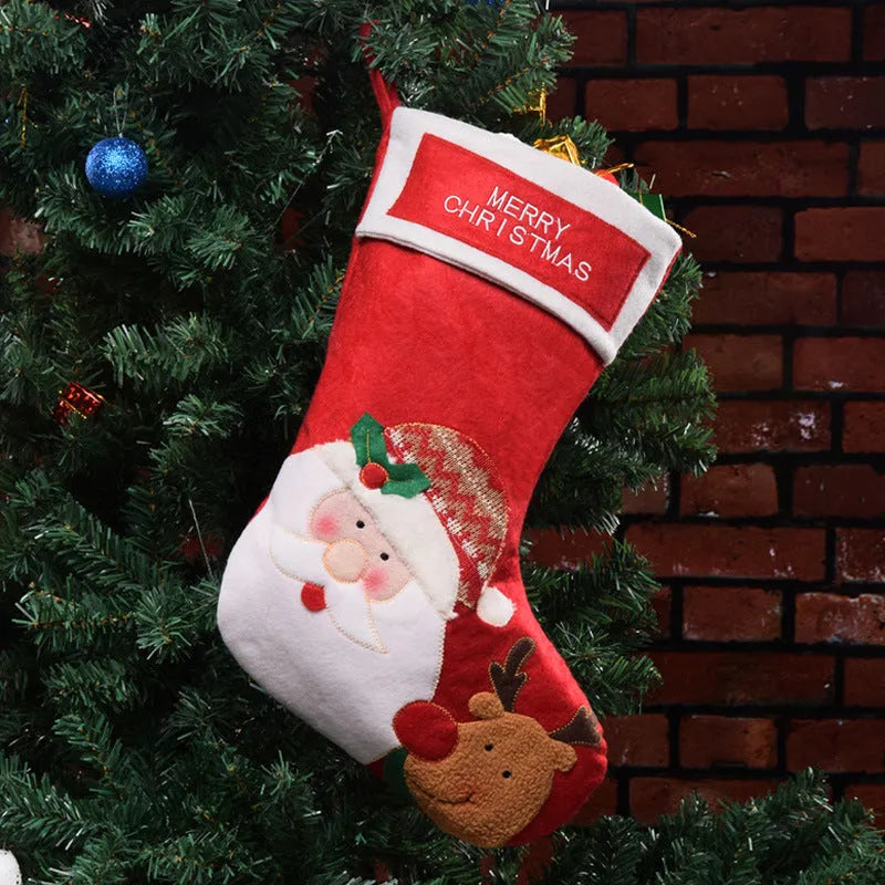 Christmas candy bag non-woven fabric decoration with elk, elderly man, or snowman design for holding stockings.