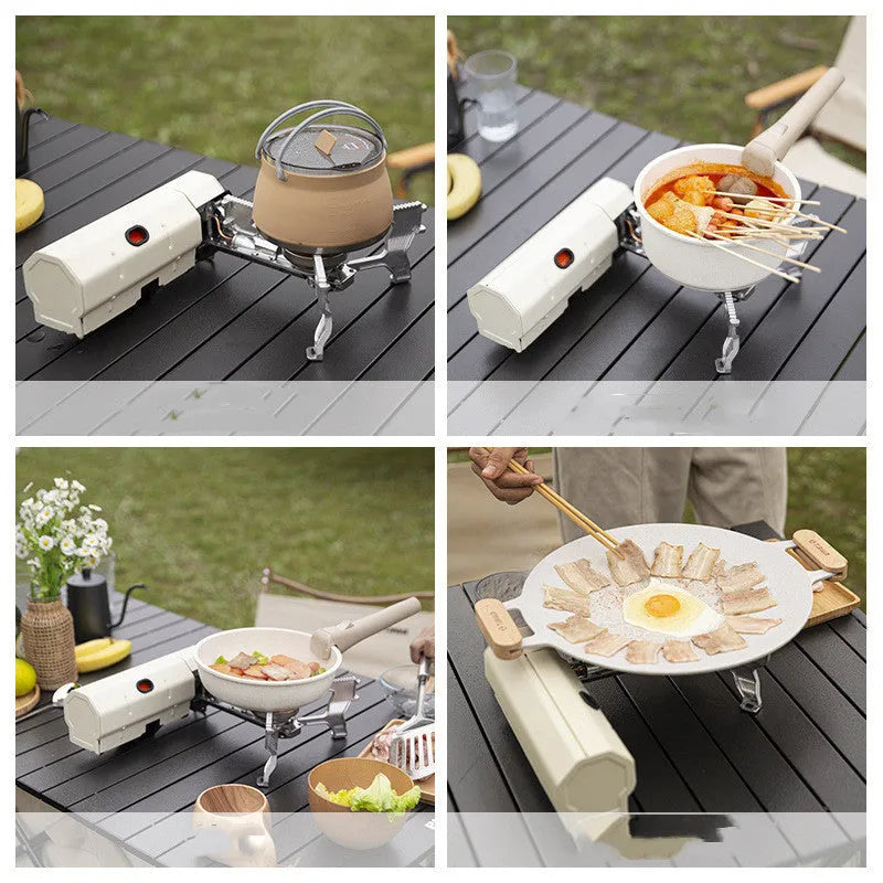Green portable folding camping gas stove with adjustable valve on a serrated bracket, shown with its storage bag.