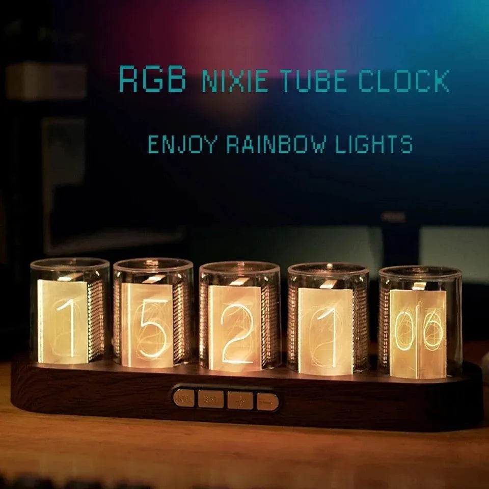 RGB LED digital clock showing colourful display modes with USB cable connection