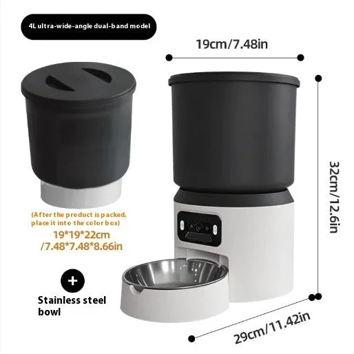 4L smart pet feeder with Wi-Fi and camera on floor next to cat, showing mobile app control interface.