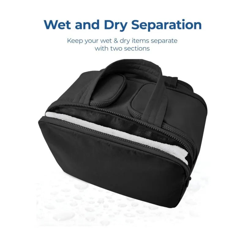 Lightweight large travel toiletry bag in a simple modern style with a wide opening.