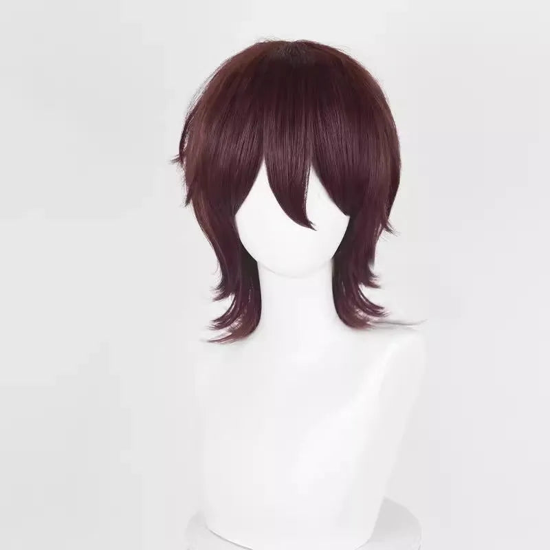 Short black and red anime cosplay wig for men with a lengthened hair tail.