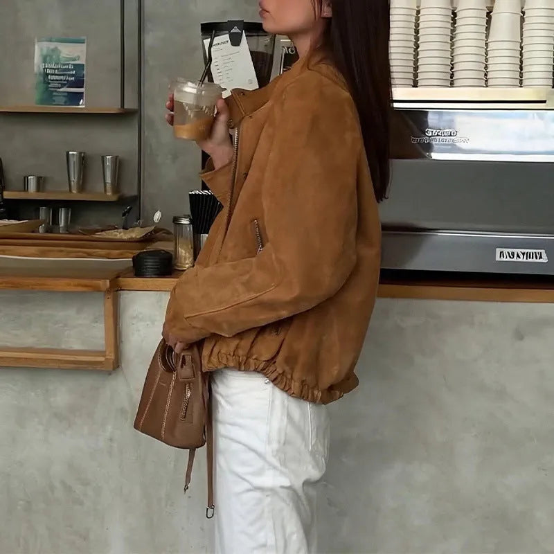 European and American retro loose-fit solid colour polyester jacket with long sleeves