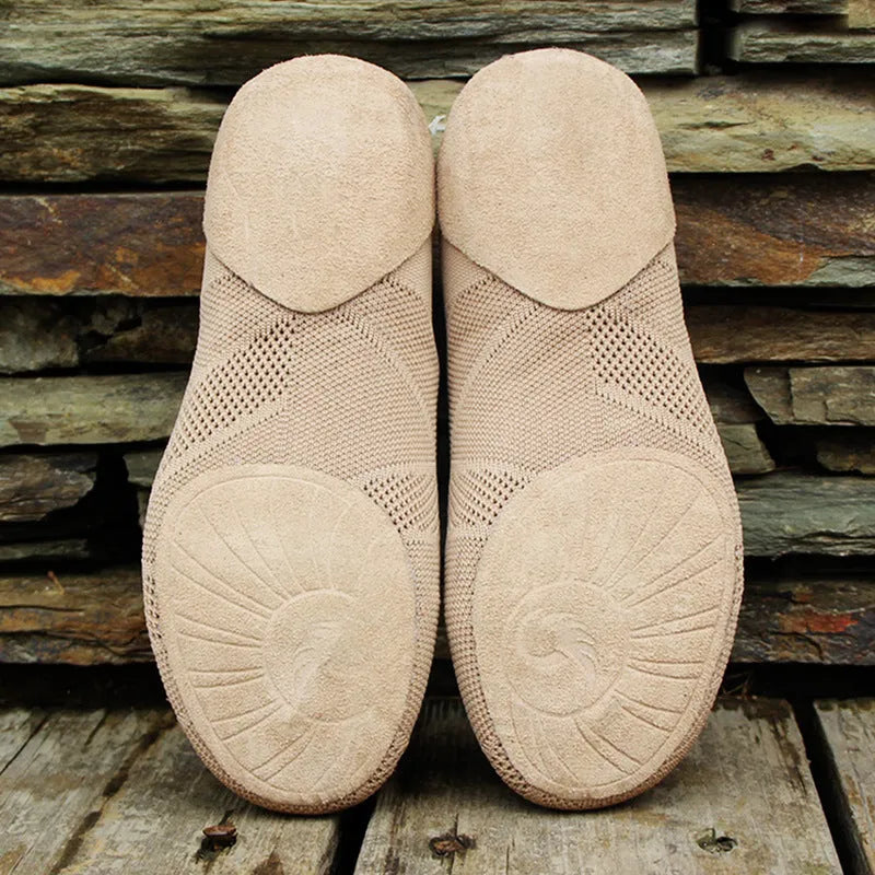 Camel coloured Latin dance shoes with cotton mesh upper and leather sole.