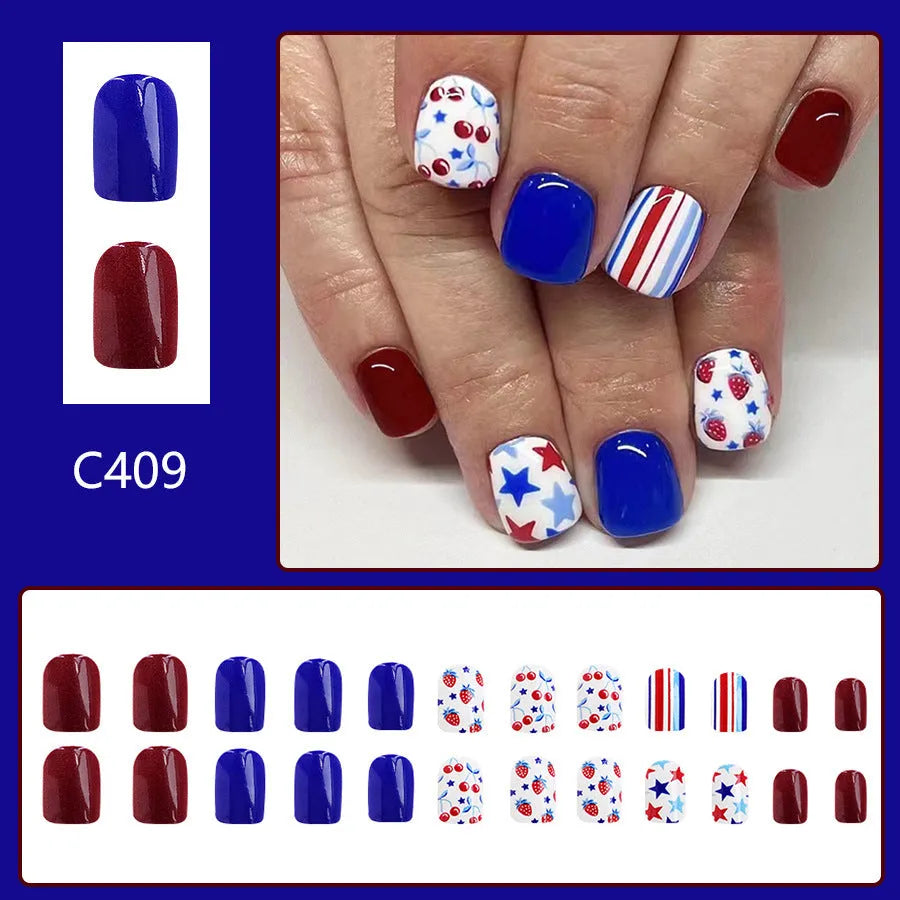 Short glossy red and blue strawberry cherry nail stickers for independence day manicure