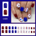 Short glossy red and blue strawberry cherry nail stickers for independence day manicure