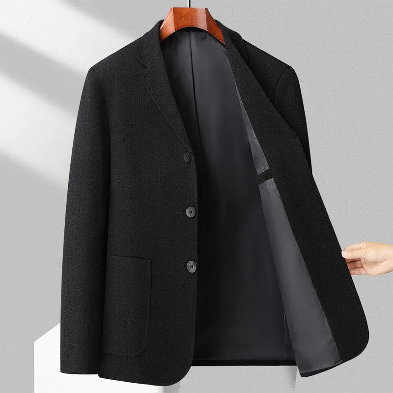 Men's loose-fit wool coat in solid colour with Asian sizing options for casual spring and autumn wear