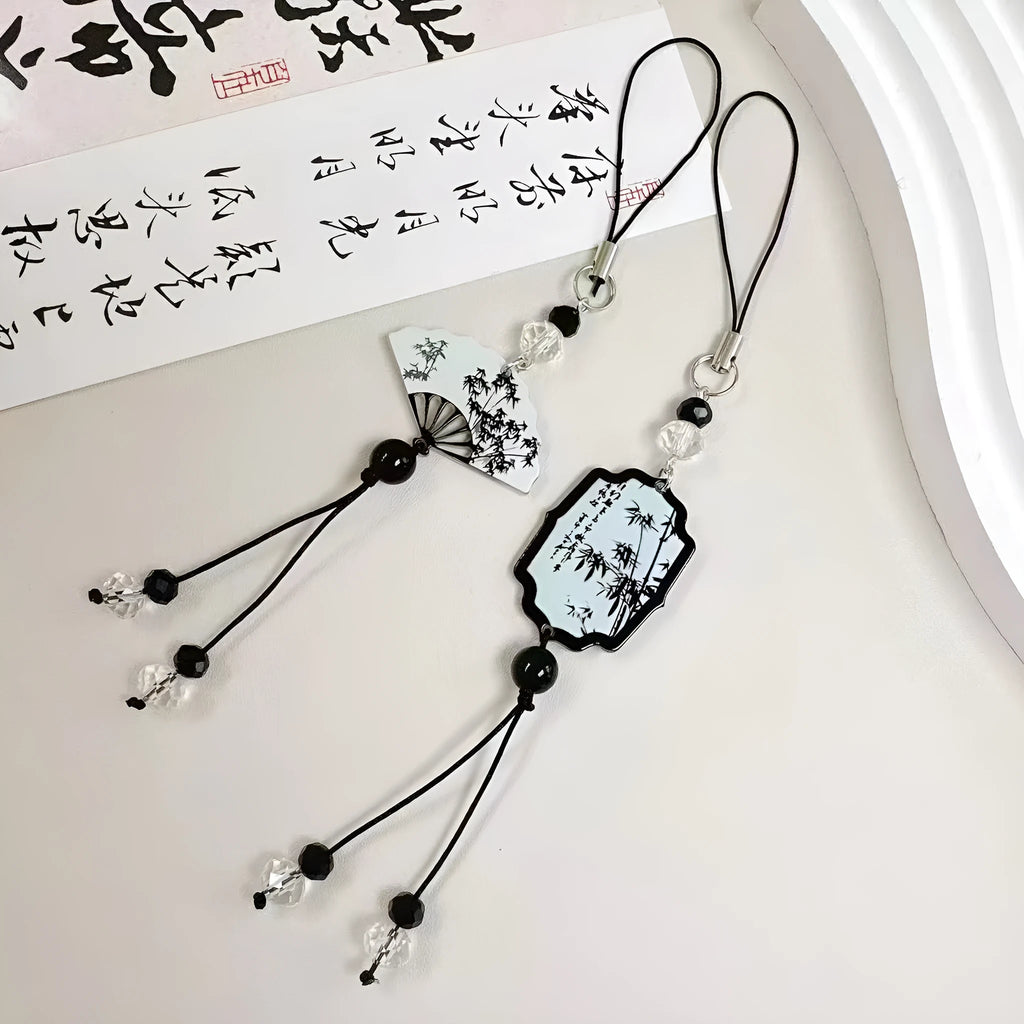 Chinese style beaded pendant keychain with flower pattern and baking varnish finish for schoolbag decoration
