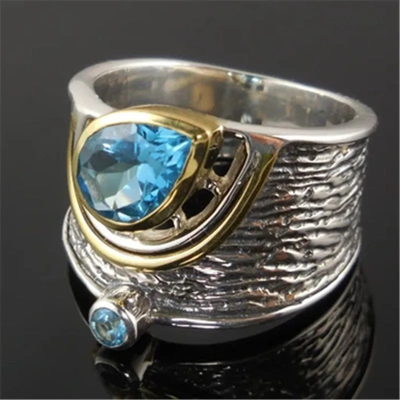 Women's blue Chinese style alloy ring with zircon rhinestones in drop shape design, showing size options 6-10