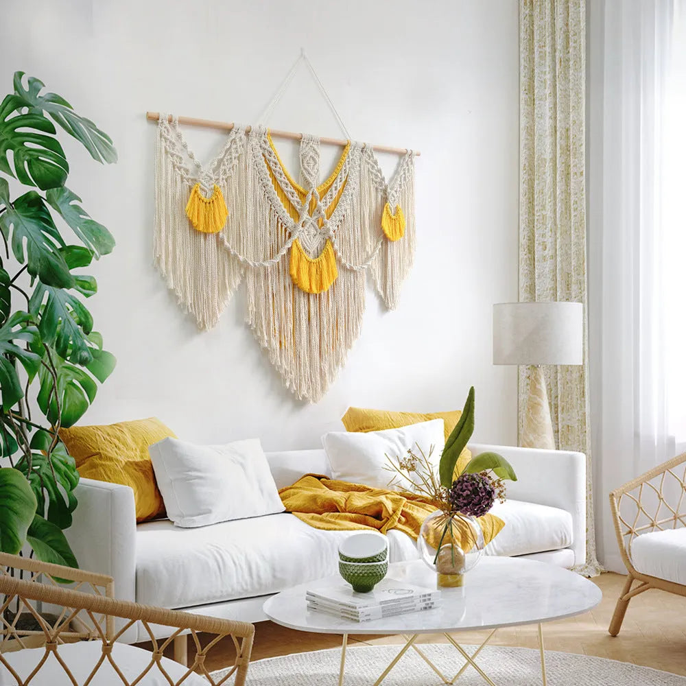 Nordic style woven cotton tapestry in creamy white with yellow accents, rectangular shape measuring 120cm by 95cm