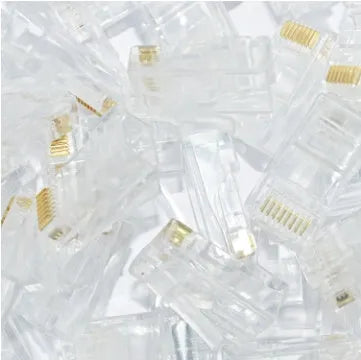 White network modular plug with gold-plated three-fork contacts for RJ45 connections
