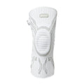 Grey and white sports knee pad for adults, shown in sizes M, L, XL for basketball and football.