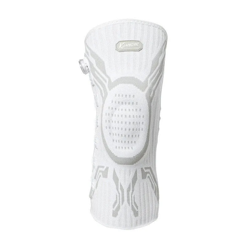 Grey and white sports knee pad for adults, shown in sizes M, L, XL for basketball and football.