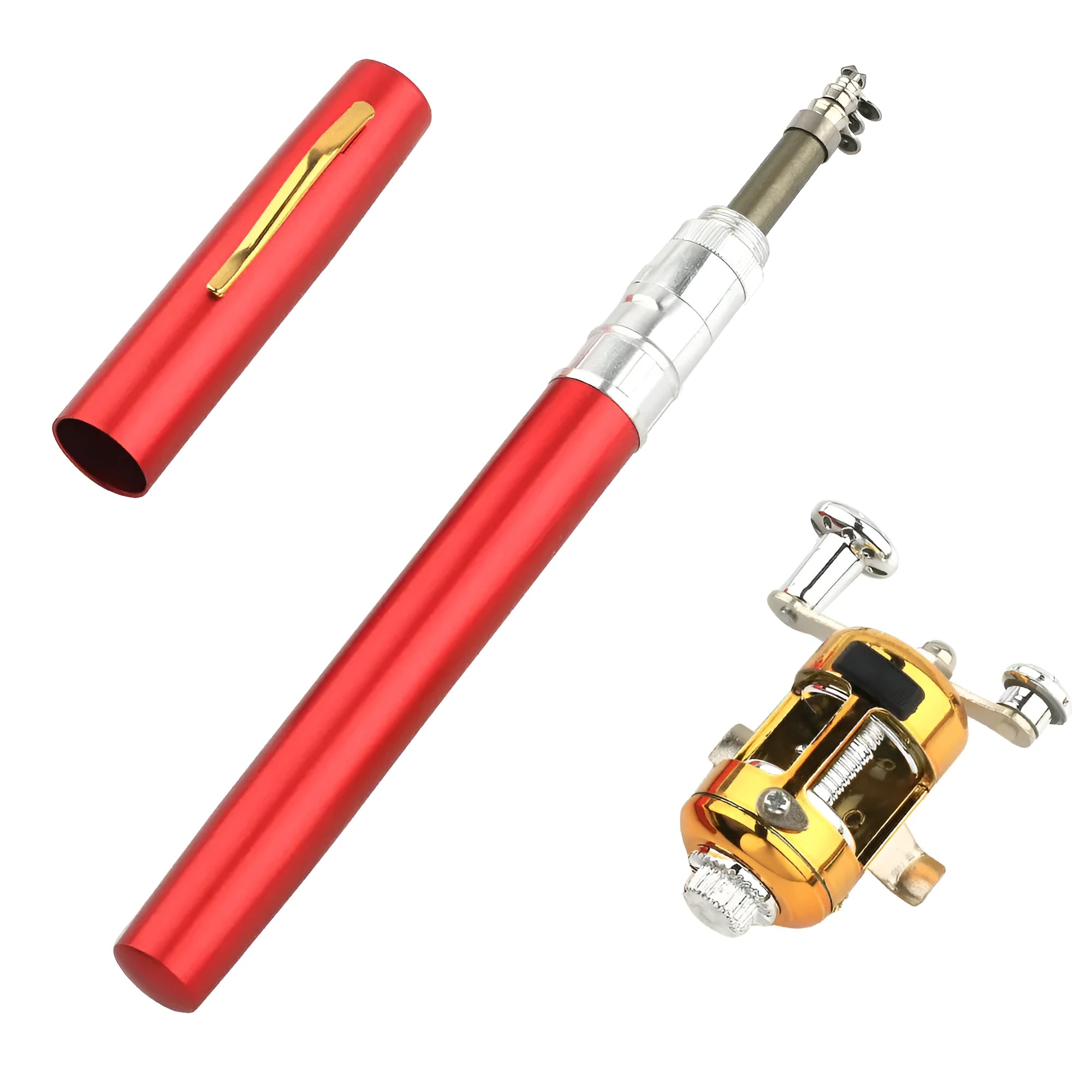 Gold portable telescopic pocket fishing rod extended next to its small aluminium alloy storage case.