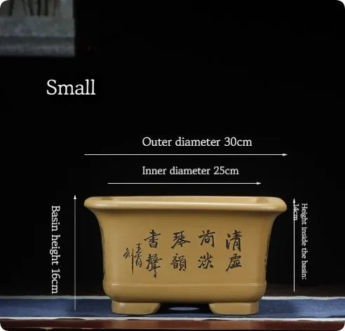 Large purple clay Chinese style flower pot for indoor bonsai or plants.