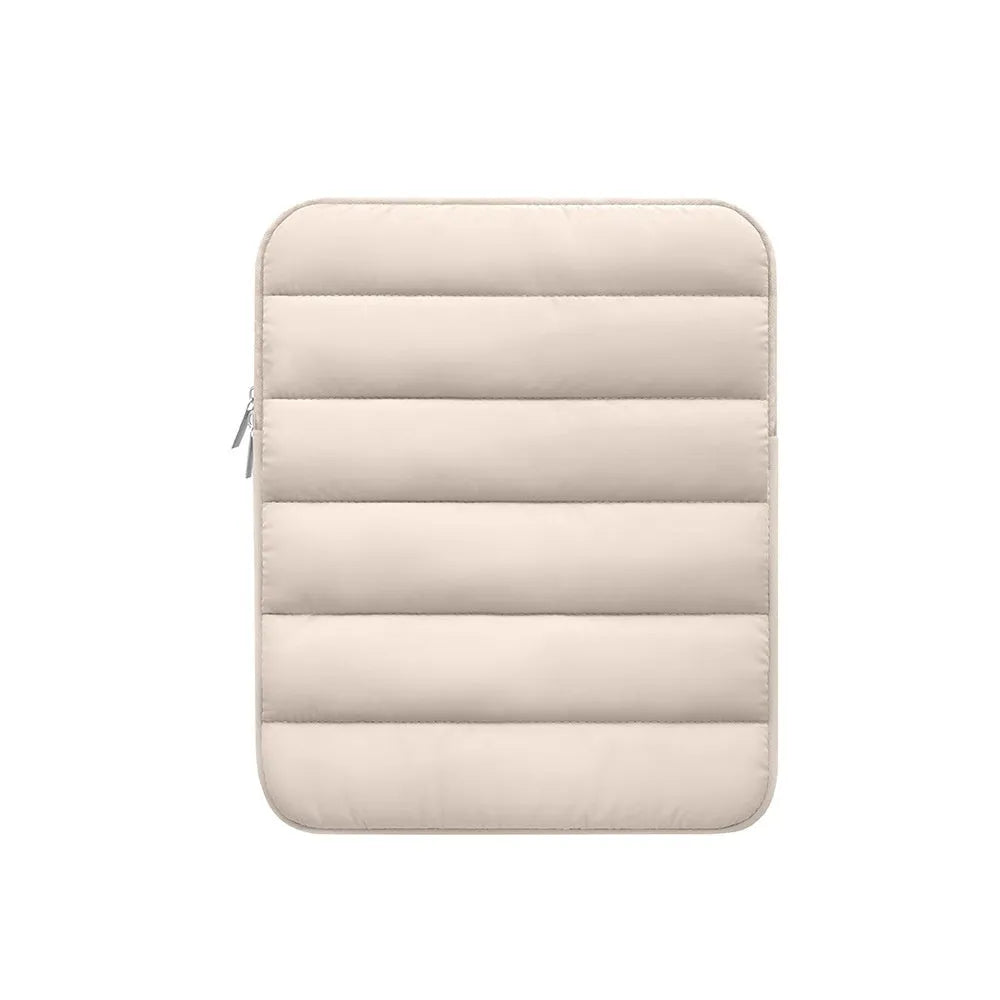 Fluffy air feeling laptop sleeve in black, open to show soft lining, next to an 11 inch tablet.