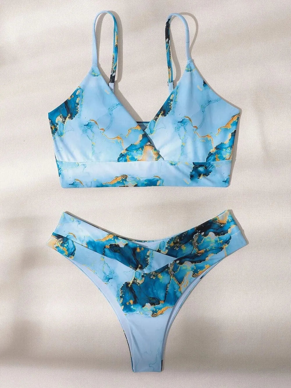Women's marble tie-dye high waist bikini with U-neck top and separated swimwear design