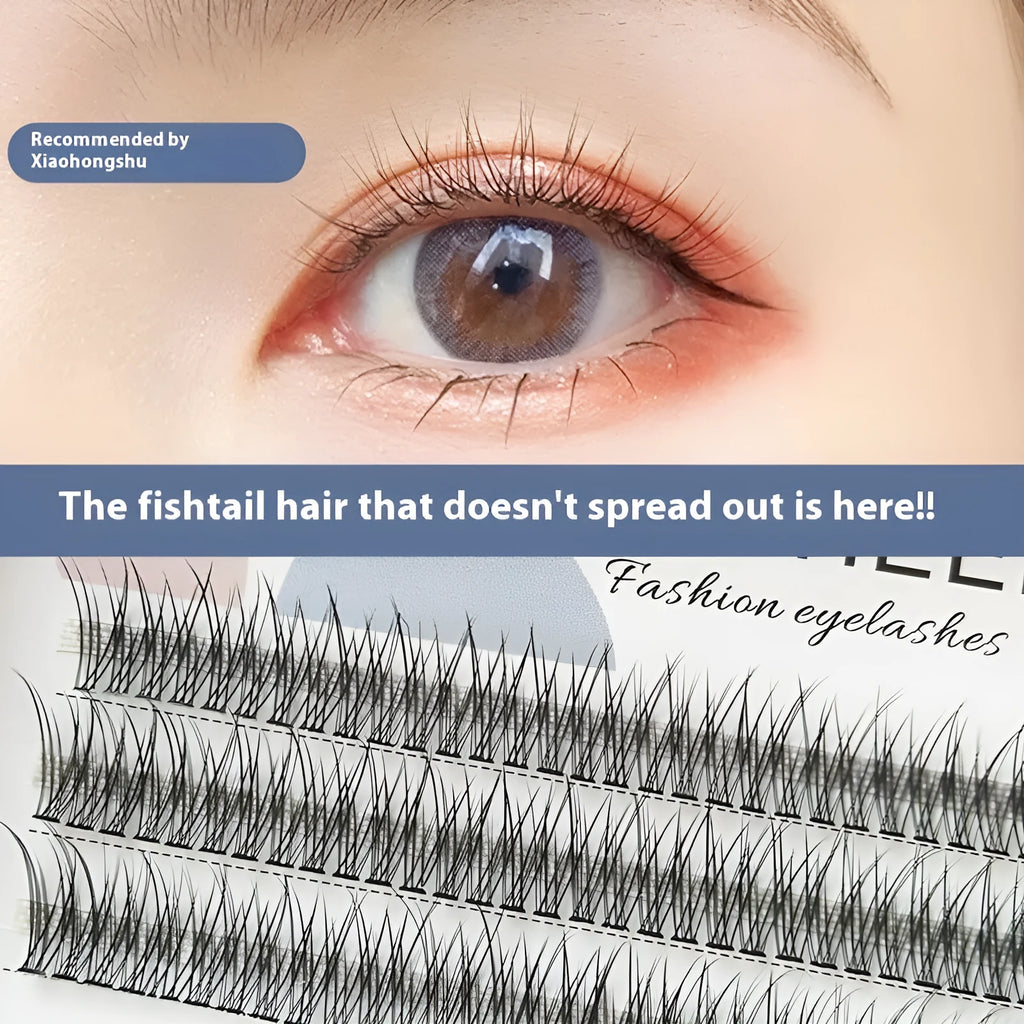 Black V-shaped fairy fishtail false eyelashes showing thick segment design on a clear band.