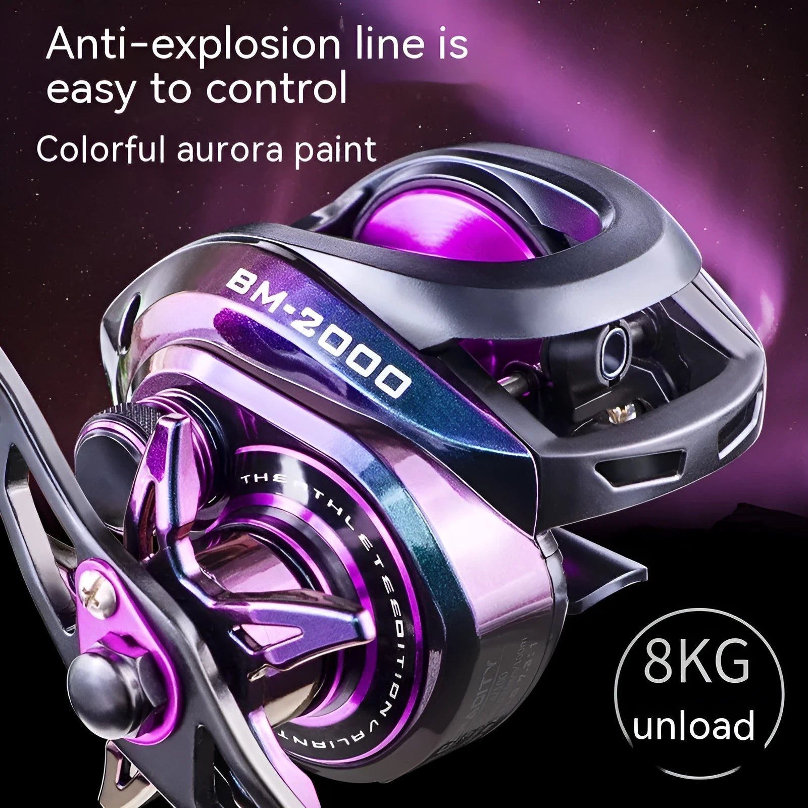 Colourful BM2000 fishing reel on a white background, showing left and right-hand retrieve options.