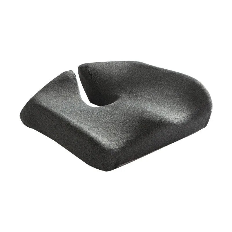 Dark grey memory foam office chair cushion measuring 36x40cm on a desk chair.
