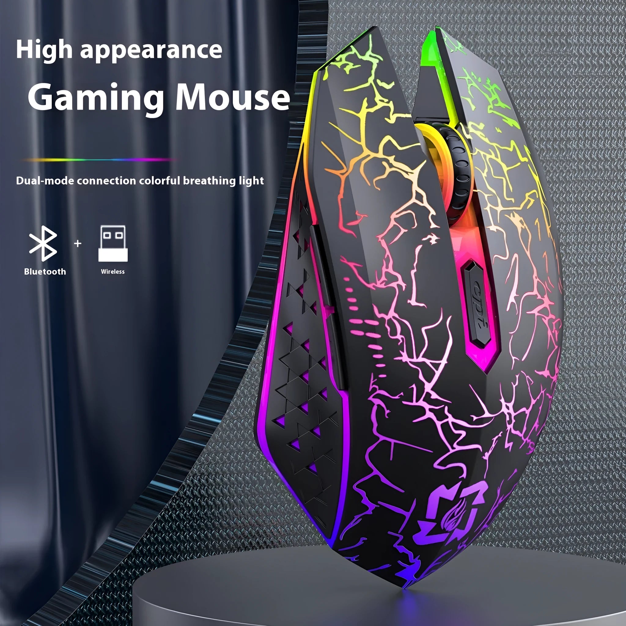 Black and white Bluetooth dual-mode gaming mouse with luminous lights and charging cable
