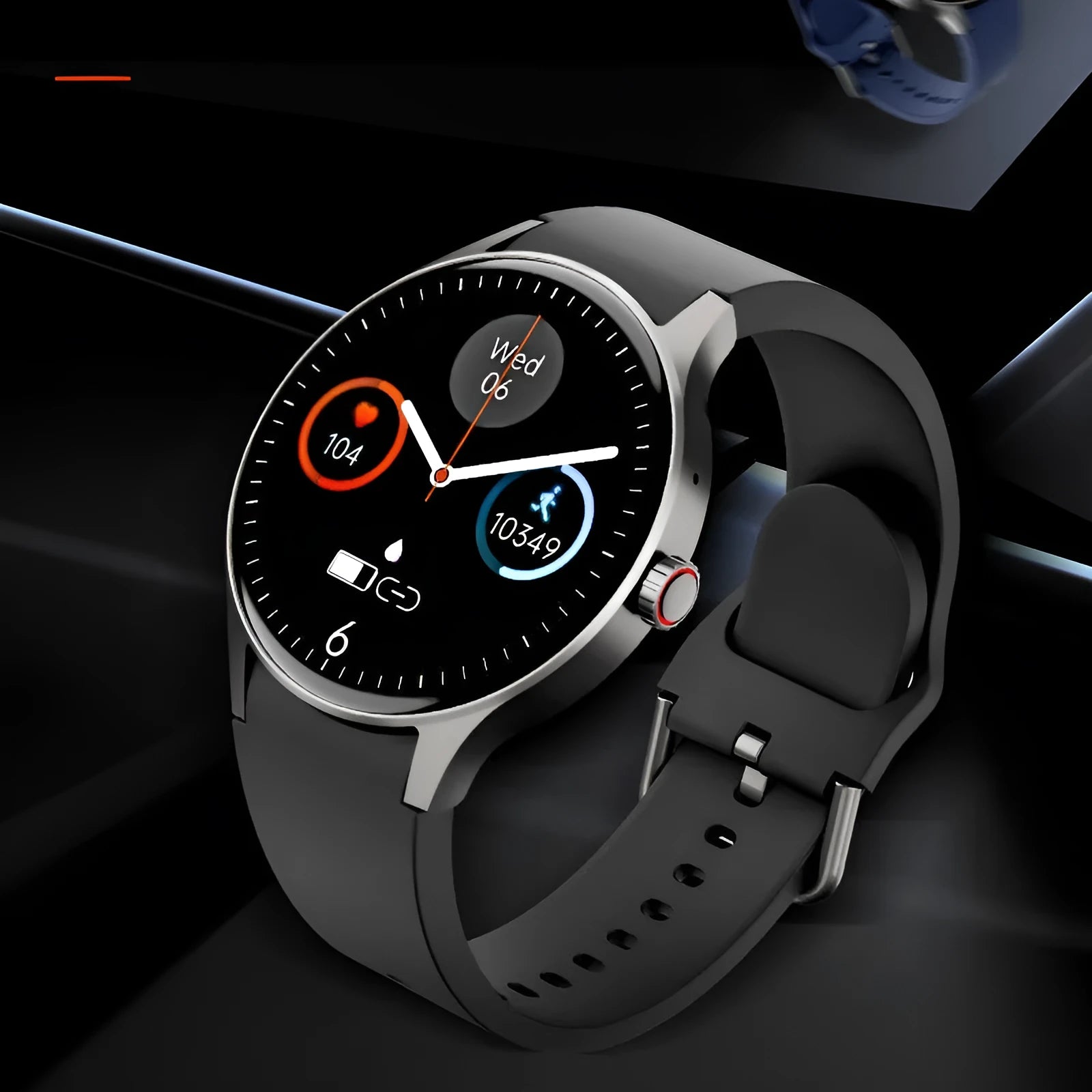Smart watch with blood glucose monitoring on wrist showing AMOLED display with health metrics