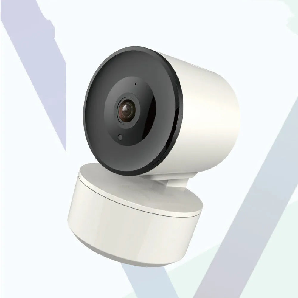 Indoor WiFi security camera with pan and tilt function on a desktop.