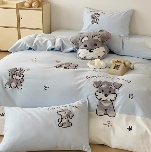 Cute Schnauzer dog pattern on a complete cotton bedding set with embroidery details