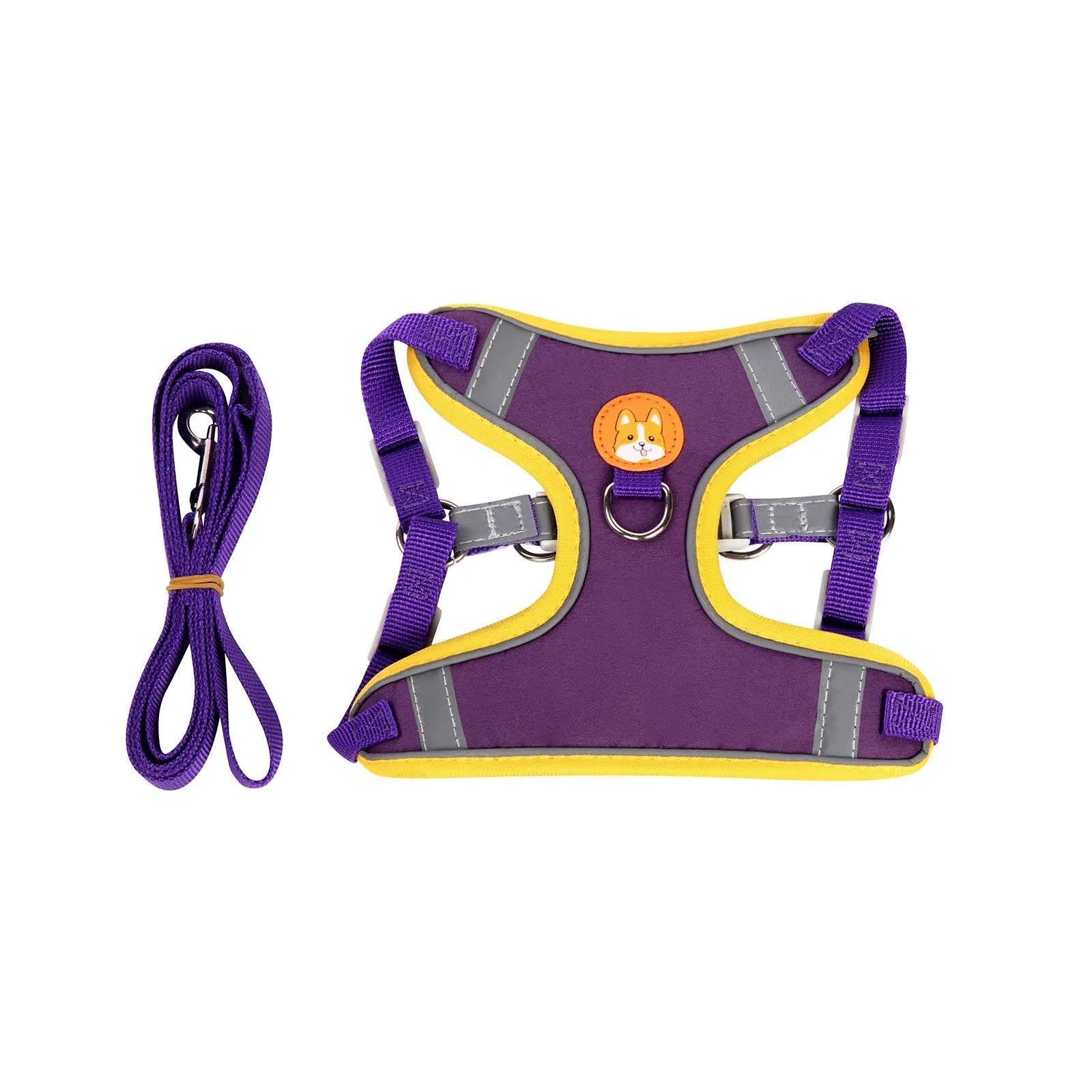 Purple adjustable dog harness with haulage rope and anti-breaking vest design