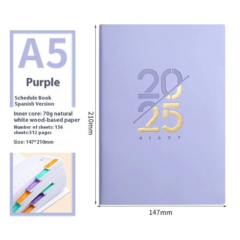 A5 daily planner with soft faux leather cover open to show dot grid pages