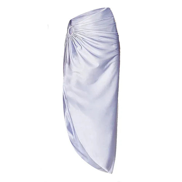 Purple one-piece swimsuit with hollow back and matching wrap skirt laid flat.