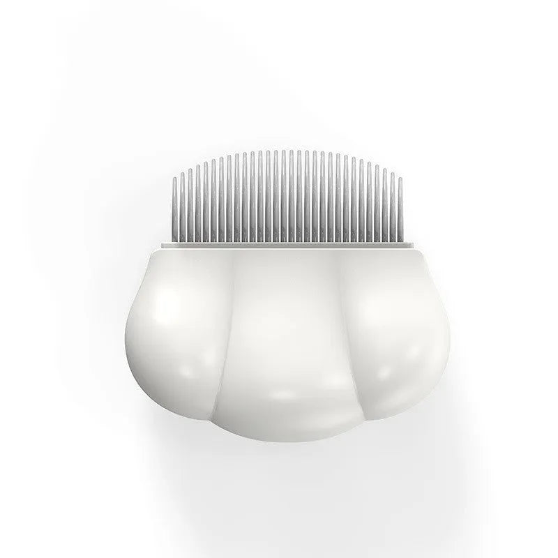 Blue paw-shaped deshedding brush for pets on a white background.