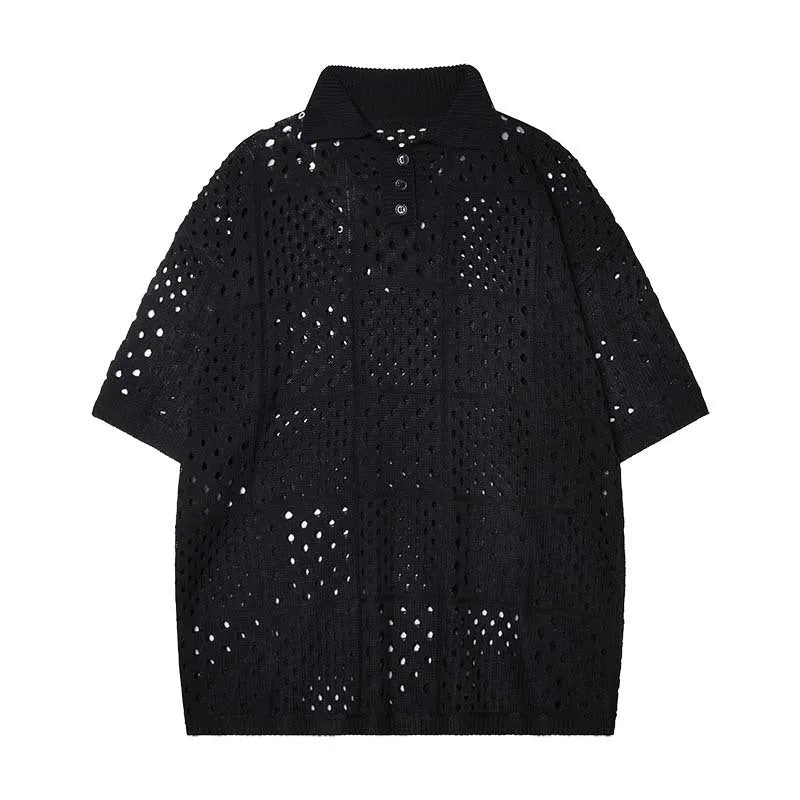 Men's black short-sleeved polo shirt with loose fit and cardigan style on hanger
