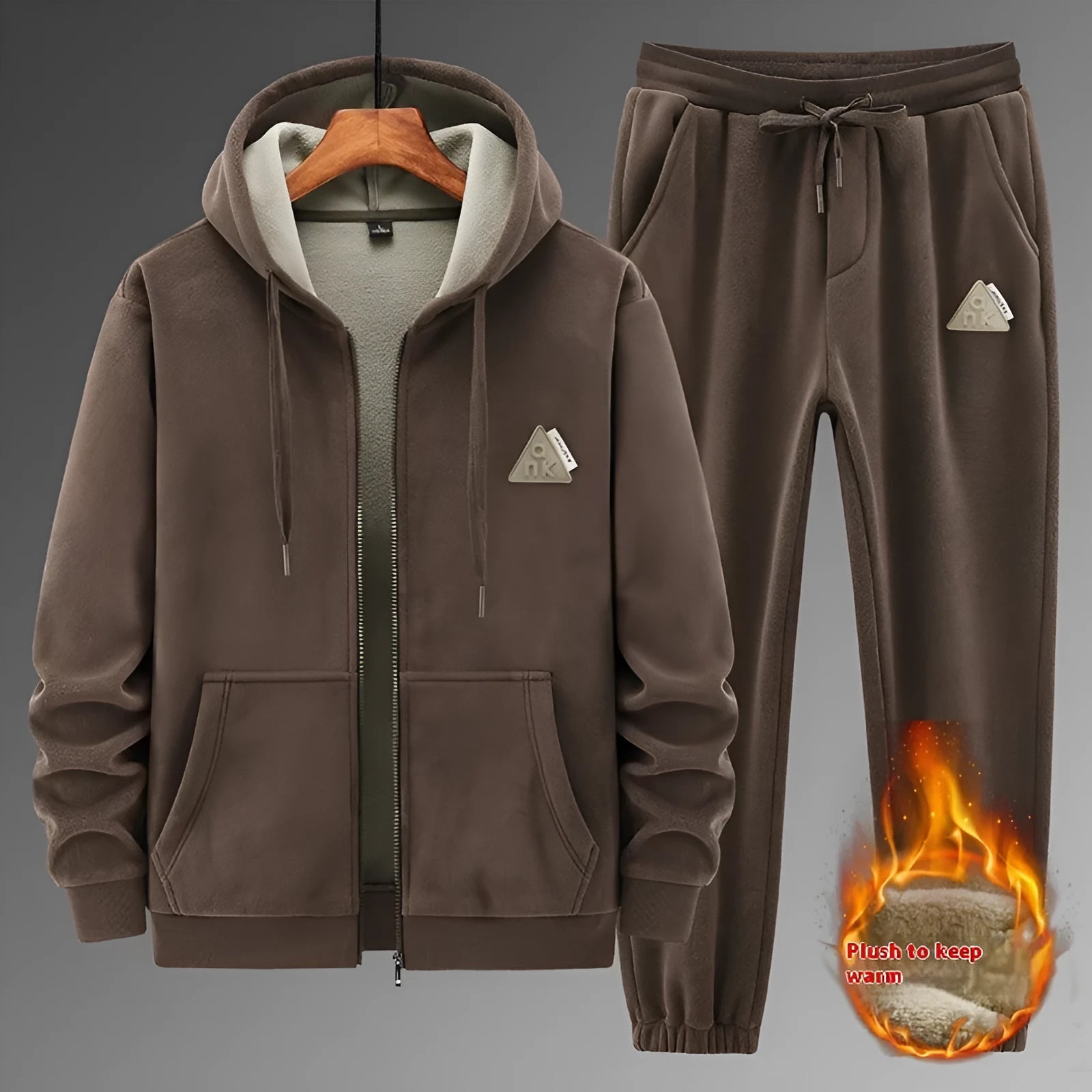 Men's grey casual sports suit set featuring a hooded long-sleeve sweater and matching trousers