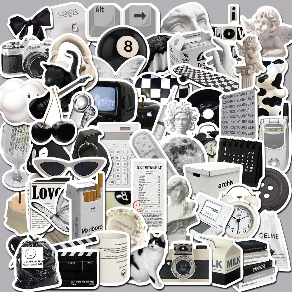 61 black and white waterproof vinyl stickers with coffee and tea cup designs for laptops and phones