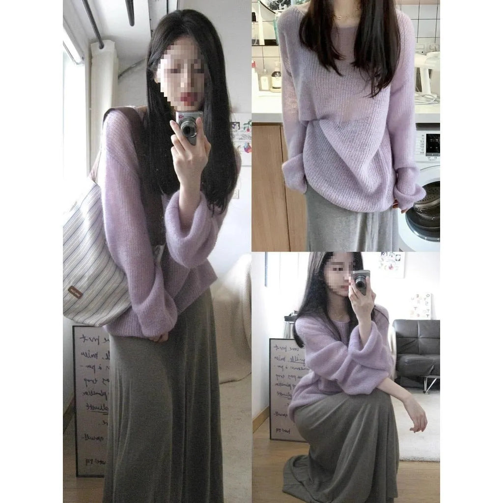 Purple women's blouse with hollow out design and princess sleeves in ice silk fabric
