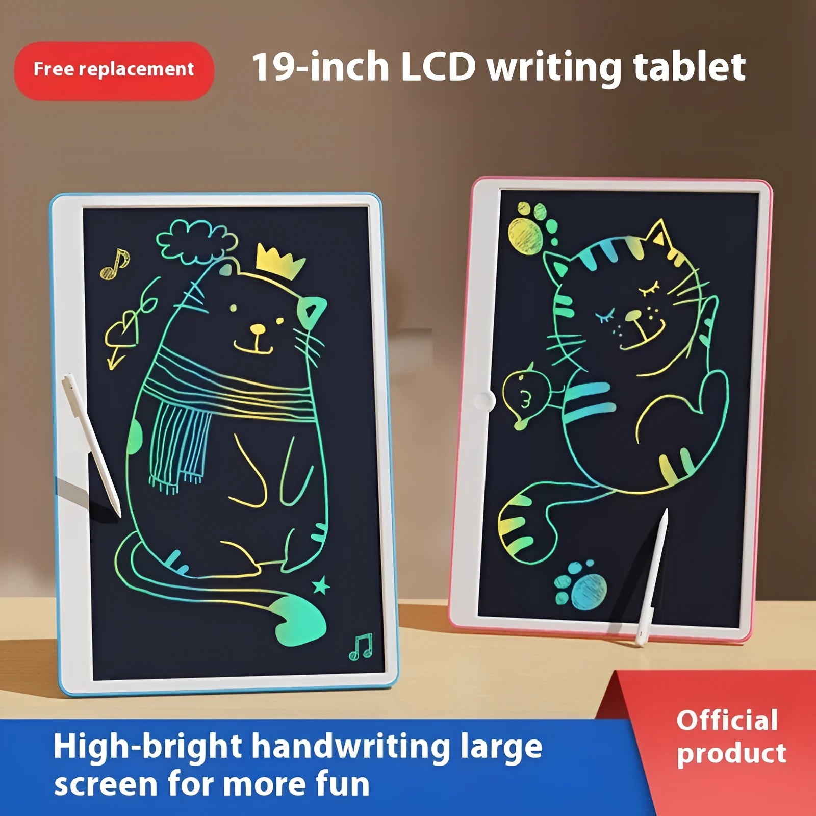 19-inch rechargeable LCD drawing board for children in blue and white colour scheme with stylus.