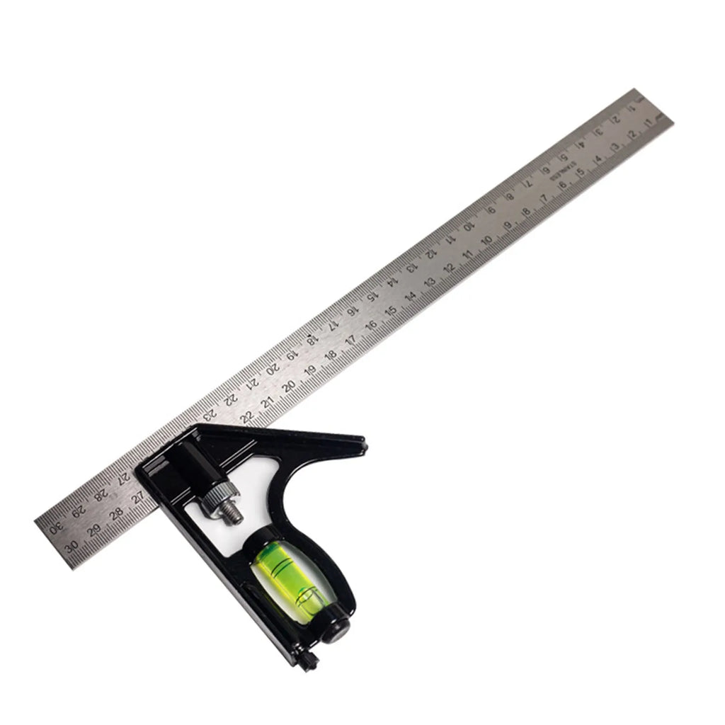 Red 7-inch metal combination angle ruler showing both imperial and metric measurement scales