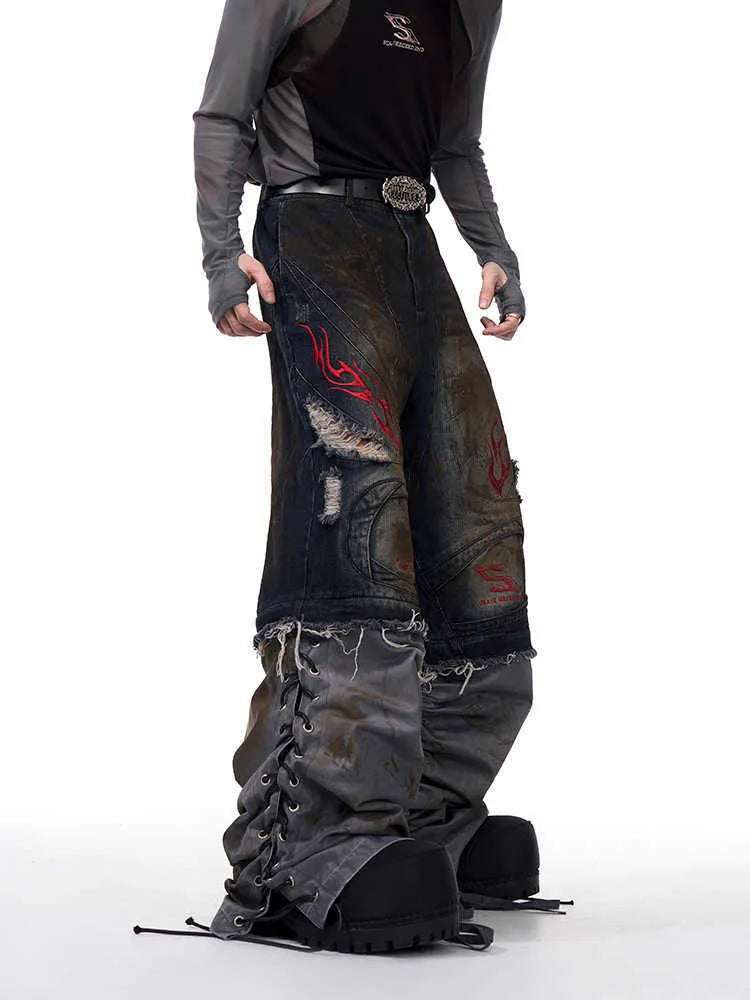 Men's retro jeans with detachable legs showing wide leg loose fit and mid-high waist