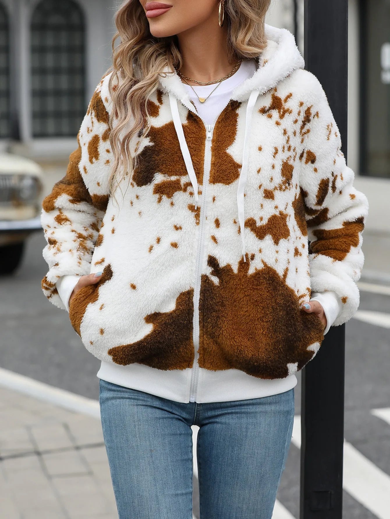 Yellow brown cow animal print hooded cardigan jacket with zipper closure