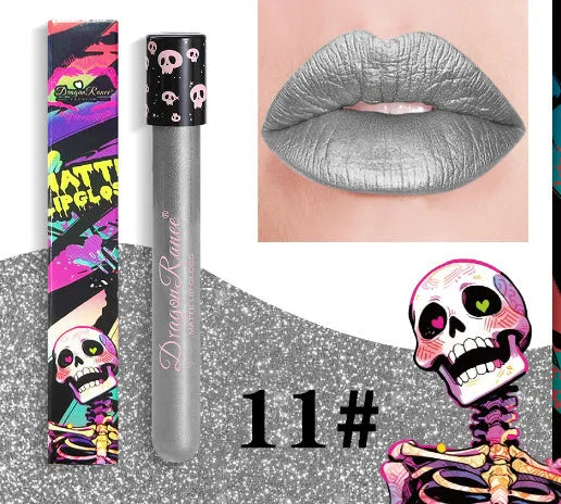 Halloween lip gloss in test tube skull packaging with retro matte gold and silver DR160 shades
