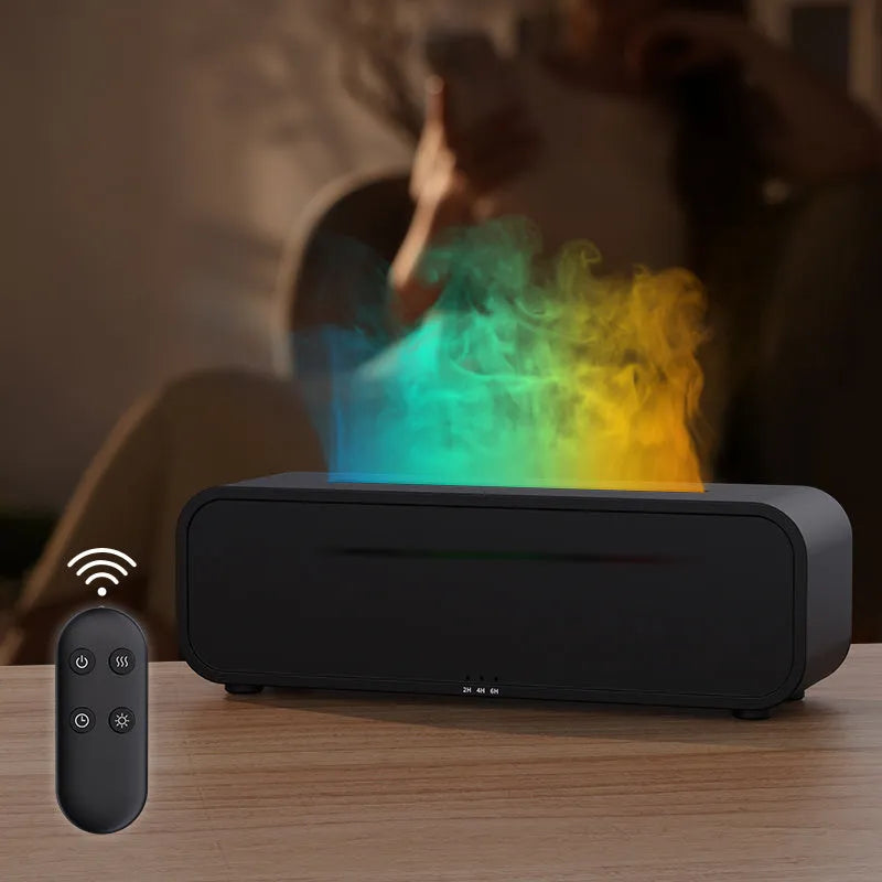 Black and white aroma diffuser with flame animation and coloured LED lights on a wooden table.