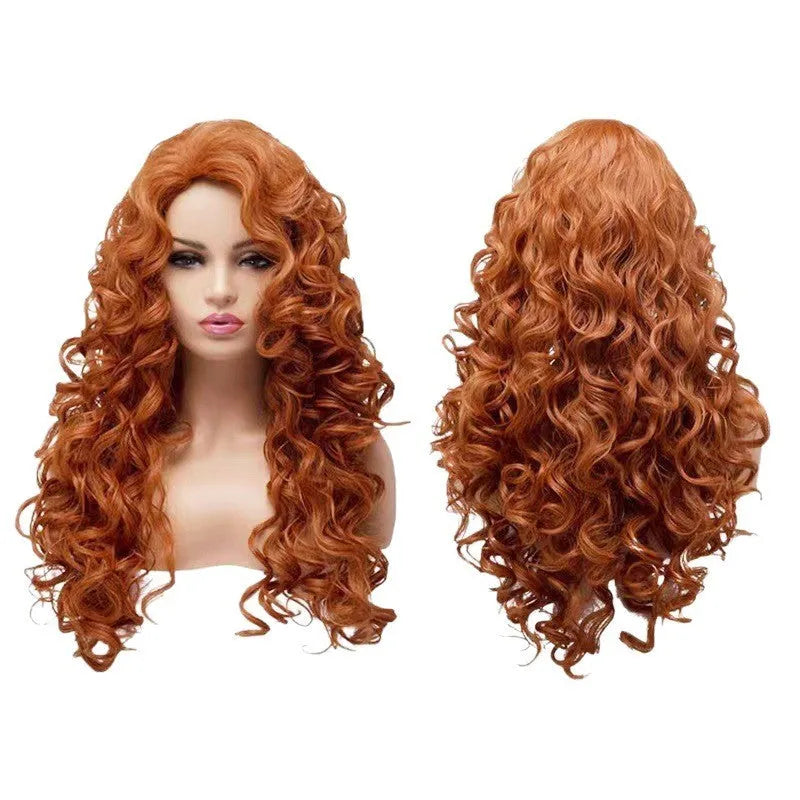 Brown long wavy curly synthetic cosplay wig on a model, showing exotic style.