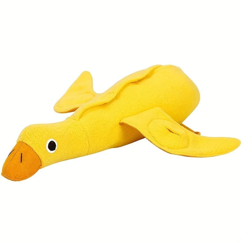 Yellow dog training toy with duck sound module and central treat dispenser slot