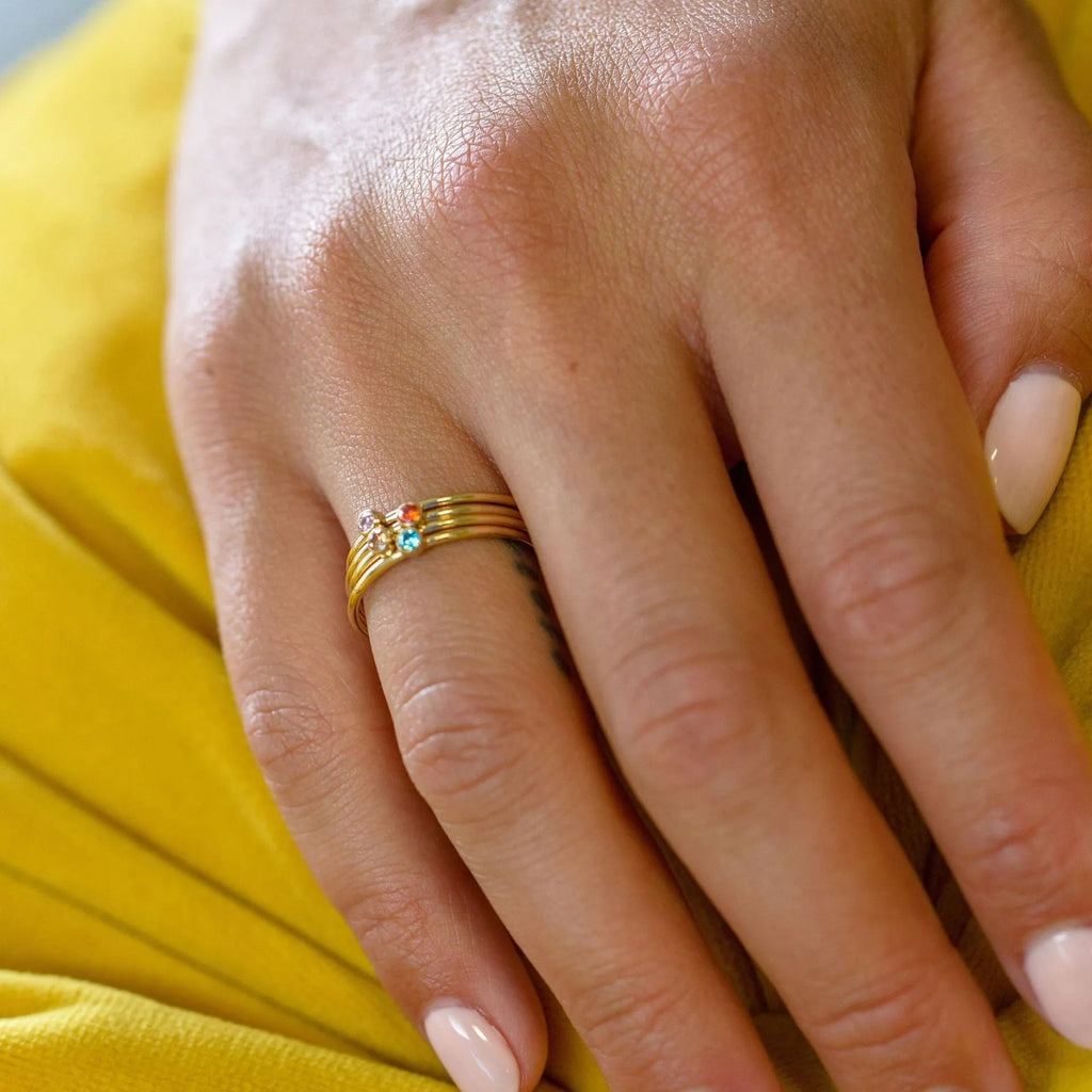 Titanium steel December birthstone ring with electroplated finish, engraved geometry shape, and gold handle.
