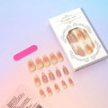 Plastic false nails with white cartoon 3D flower decoration, pot of jelly glue, and nail file on pink background.