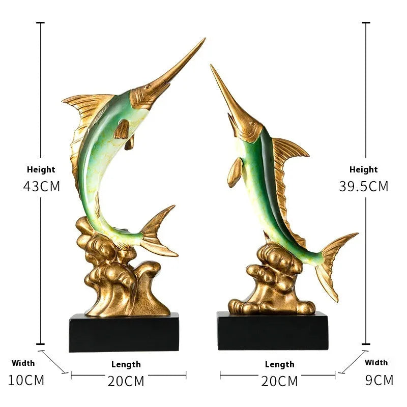 A European-style swordfish sculpture decoration in resin, shown in one of four colour options.