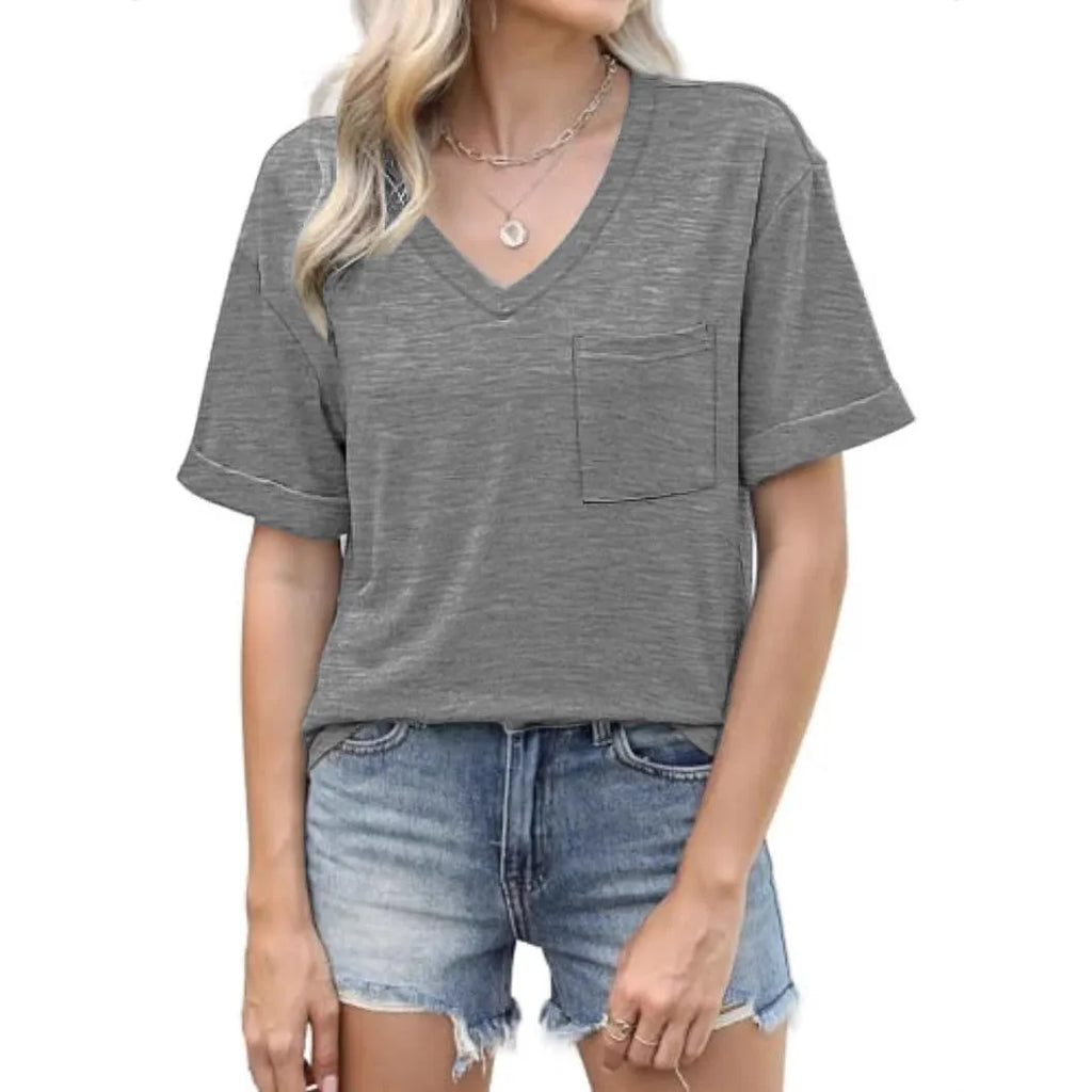 Grey loose fit V-neck T-shirt with front pocket, short sleeves
