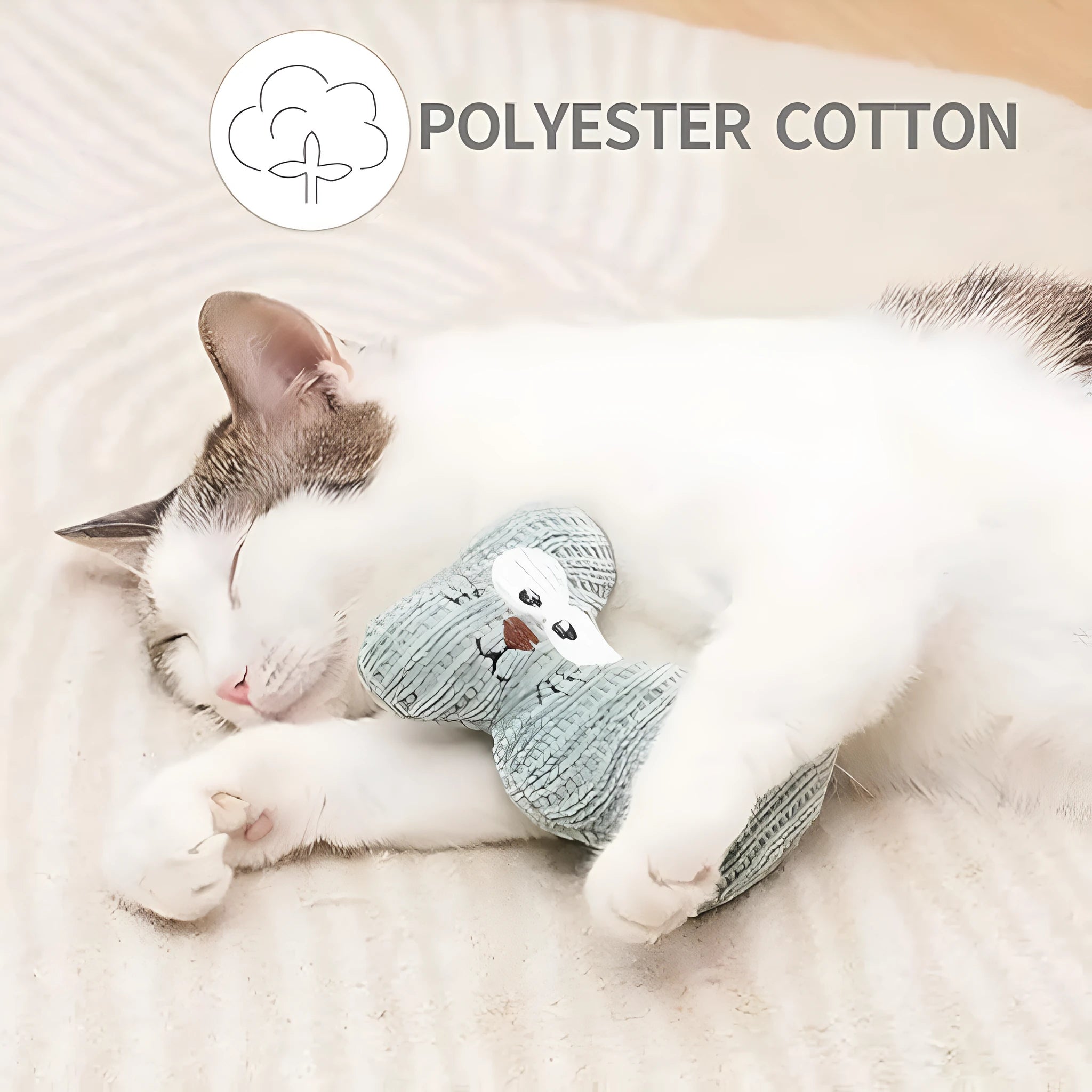 Cyan and light coffee plush catnip chew toy with bell for cats on a plain background